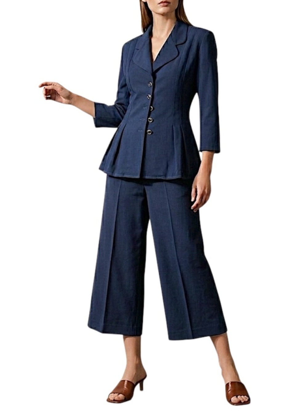 Vintage 80s royal blue tailored pleated peplum blazer and culotte set suit